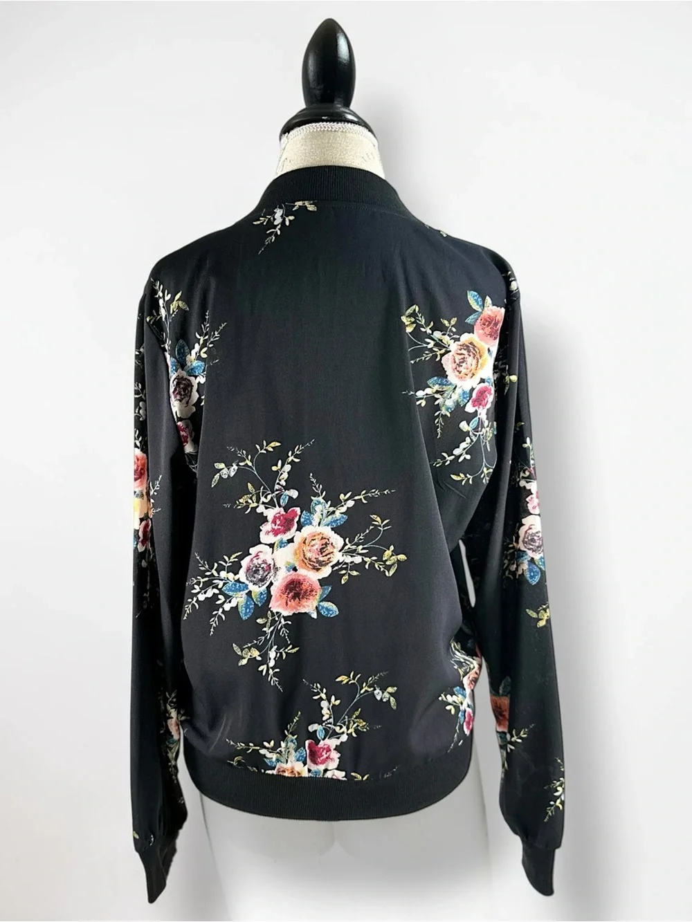Black Floral Bomber Jacket Semi Sheer Lightweight Zip Up Coat - Picture 3 of 13